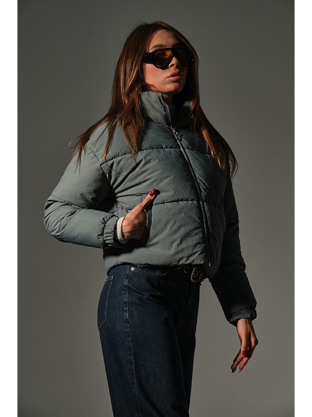 Yeşil Su itici kumaş, fermuarlı elyaf dolgu şişme crop kısa kadın mont @Aspen-3