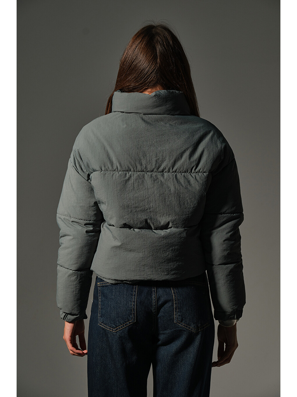 Yeşil Su itici kumaş, fermuarlı elyaf dolgu şişme crop kısa kadın mont @Aspen-4