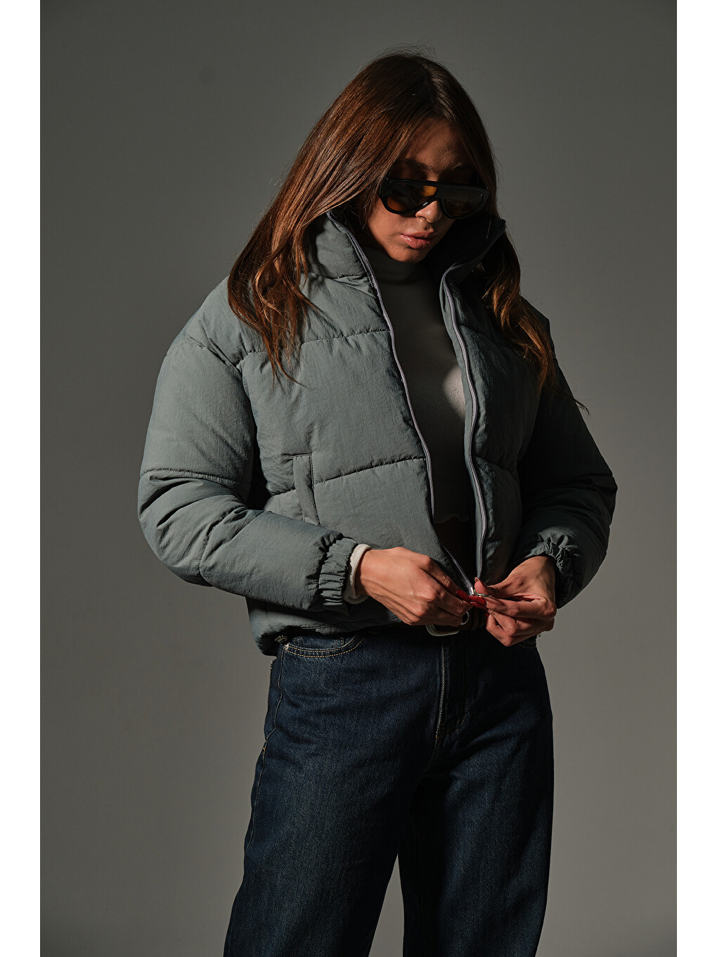 Yeşil Su itici kumaş, fermuarlı elyaf dolgu şişme crop kısa kadın mont @Aspen-5