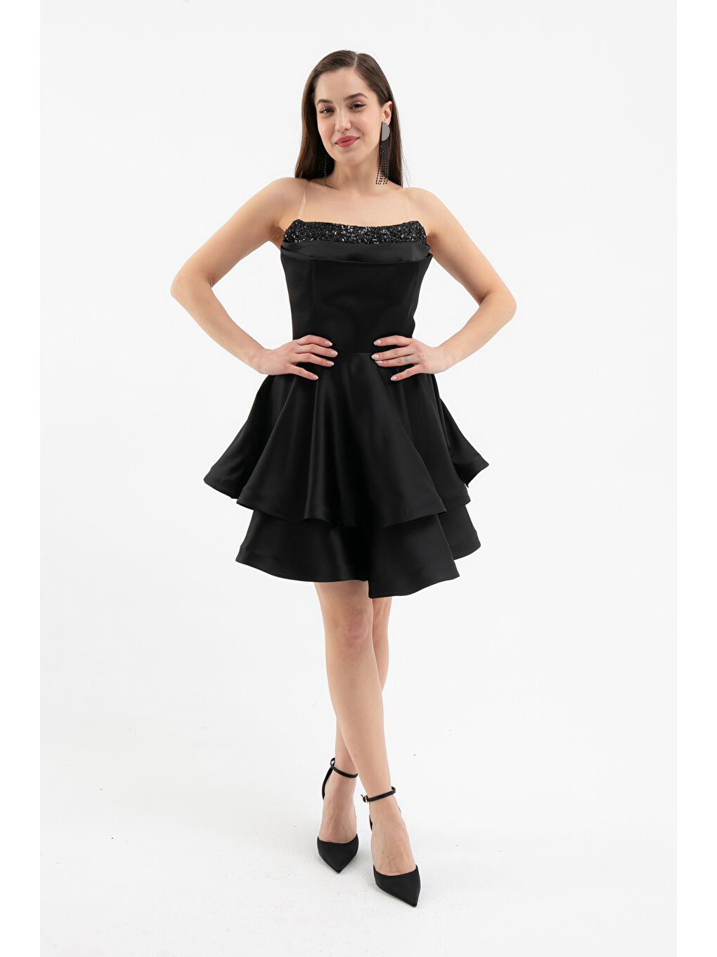 Kadın Siyah Straplez Yaka Payetli Mini Saten Mezuniyet Abiye Elbise-2