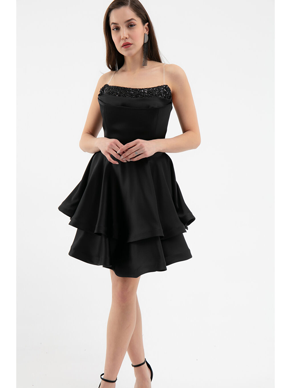 Kadın Siyah Straplez Yaka Payetli Mini Saten Mezuniyet Abiye Elbise-3