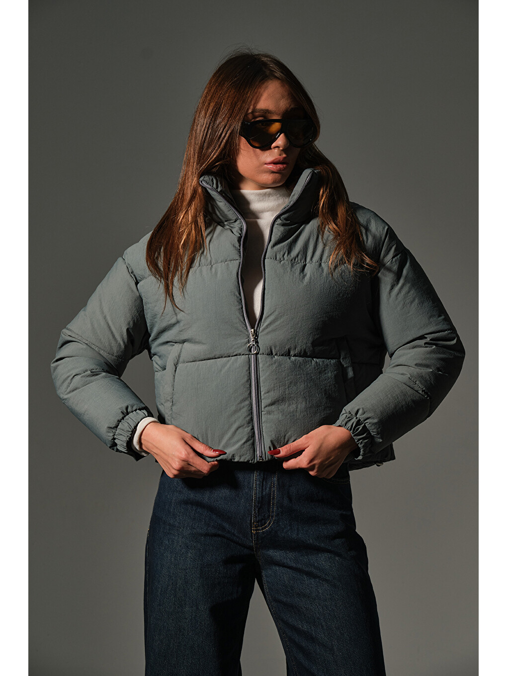 Yeşil Su itici kumaş, fermuarlı elyaf dolgu şişme crop kısa kadın mont @Aspen-6