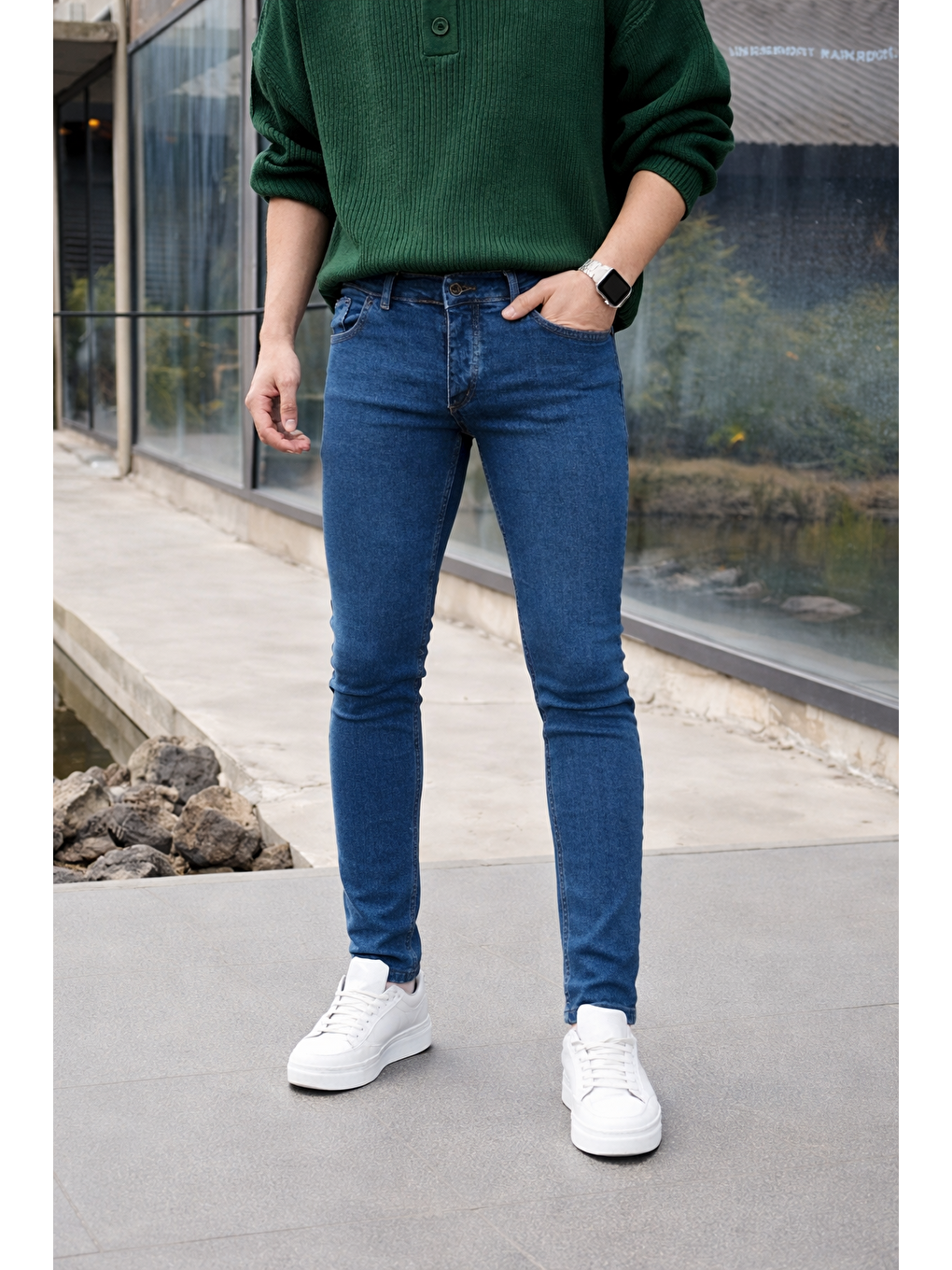 Erkek Pamuklu Basic Yüksek Bel Dar K.Mavi Jean Pantolon