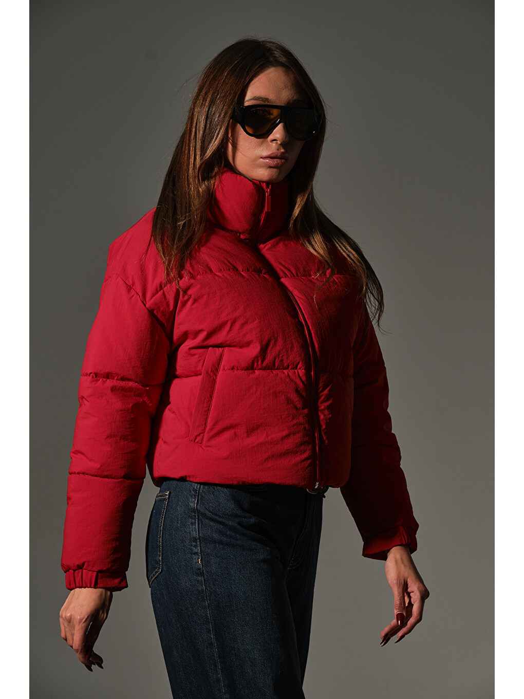 Kırmızı Su itici kumaş, fermuarlı elyaf dolgu şişme crop kısa kadın mont @Aspen-1