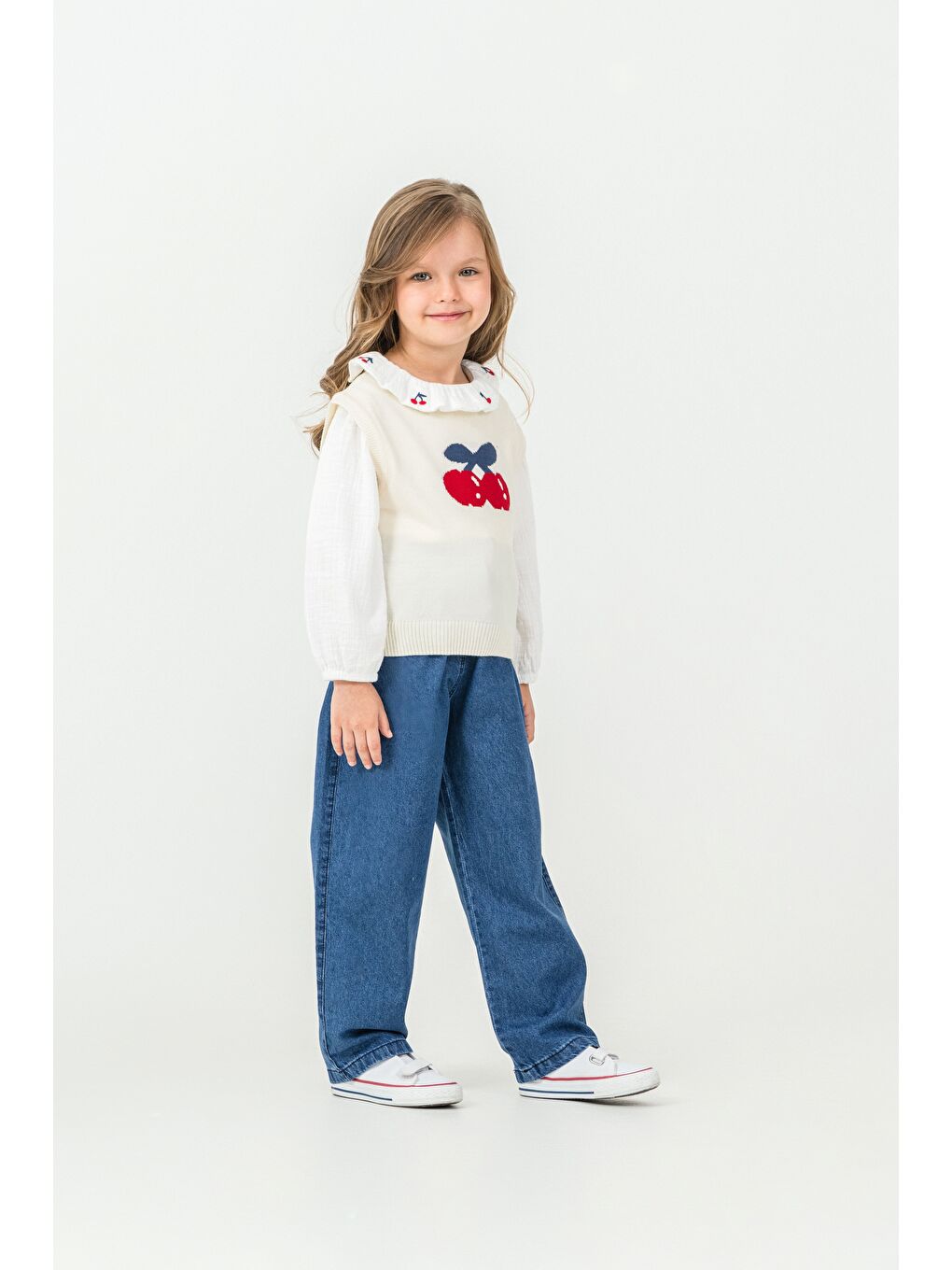 Beyaz Kız Çocuk Triko Kazak-Gömlek-Jean Pantolon 3'lü Takım-2