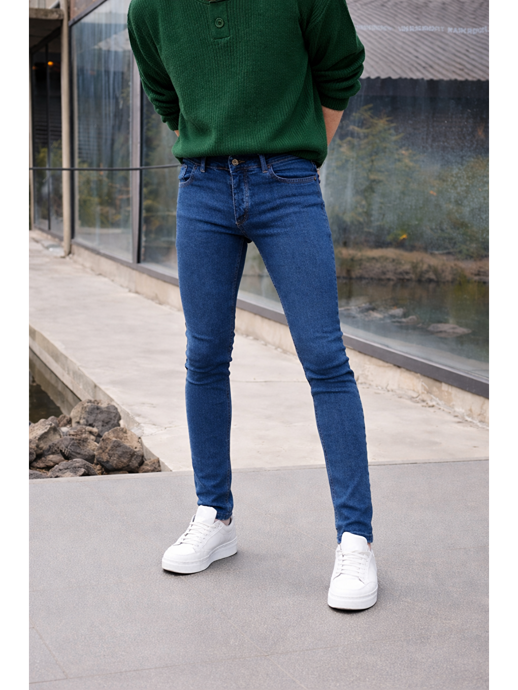 Erkek Pamuklu Basic Yüksek Bel Dar K.Mavi Jean Pantolon-1