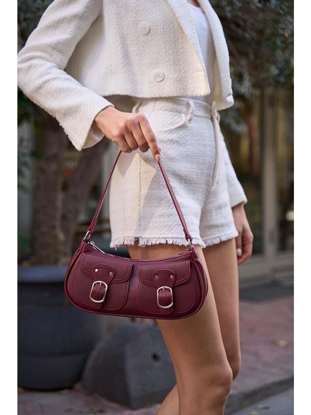 Çift Cepli Kemer Tokalı Omuz Çantası Bordo-1