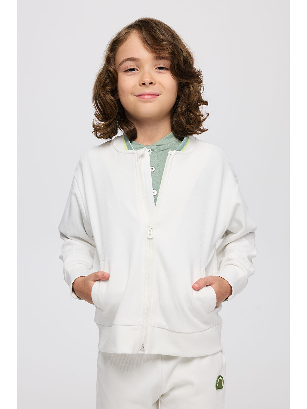 Erkek Çocuk Yakası Ribanalı Cepli Fermuarlı Ekru Sweatshirt-2
