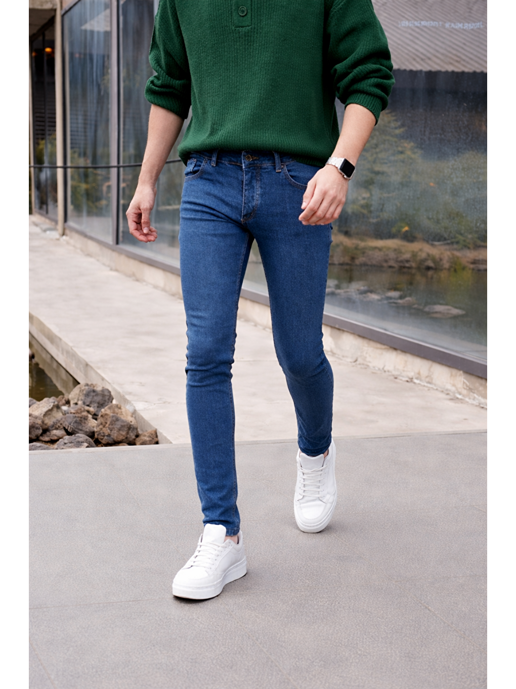 Erkek Pamuklu Basic Yüksek Bel Dar K.Mavi Jean Pantolon-2