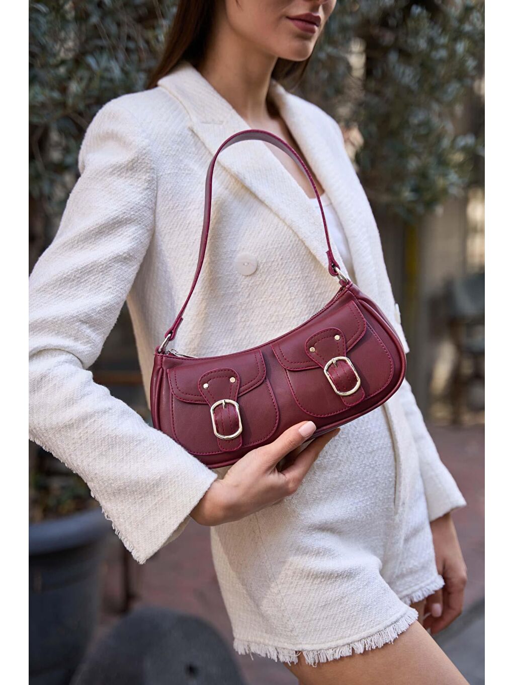 Çift Cepli Kemer Tokalı Omuz Çantası Bordo-2