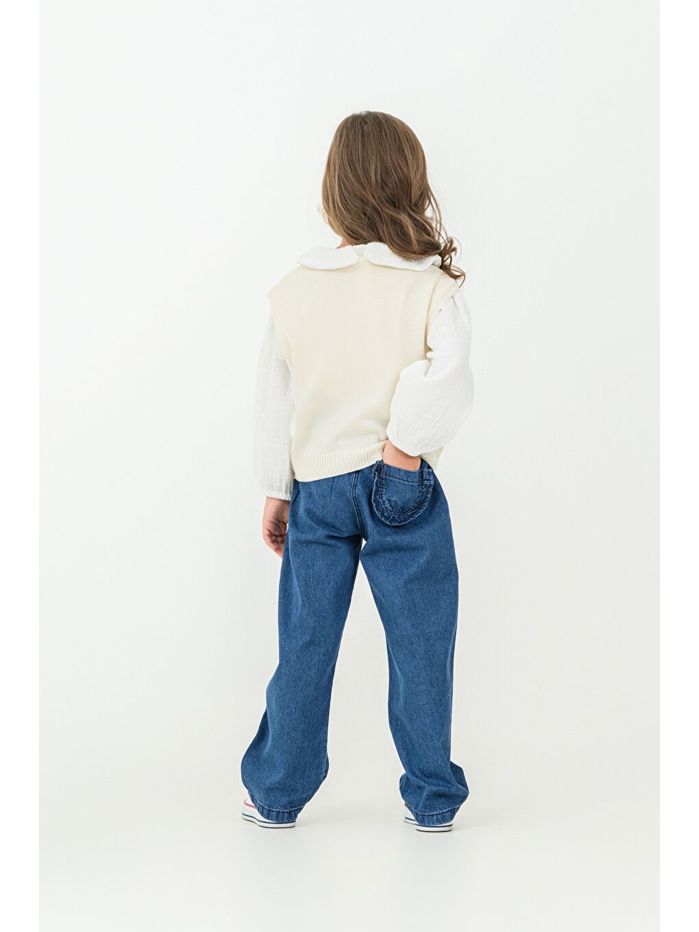 Beyaz Kız Çocuk Triko Kazak-Gömlek-Jean Pantolon 3'lü Takım-3