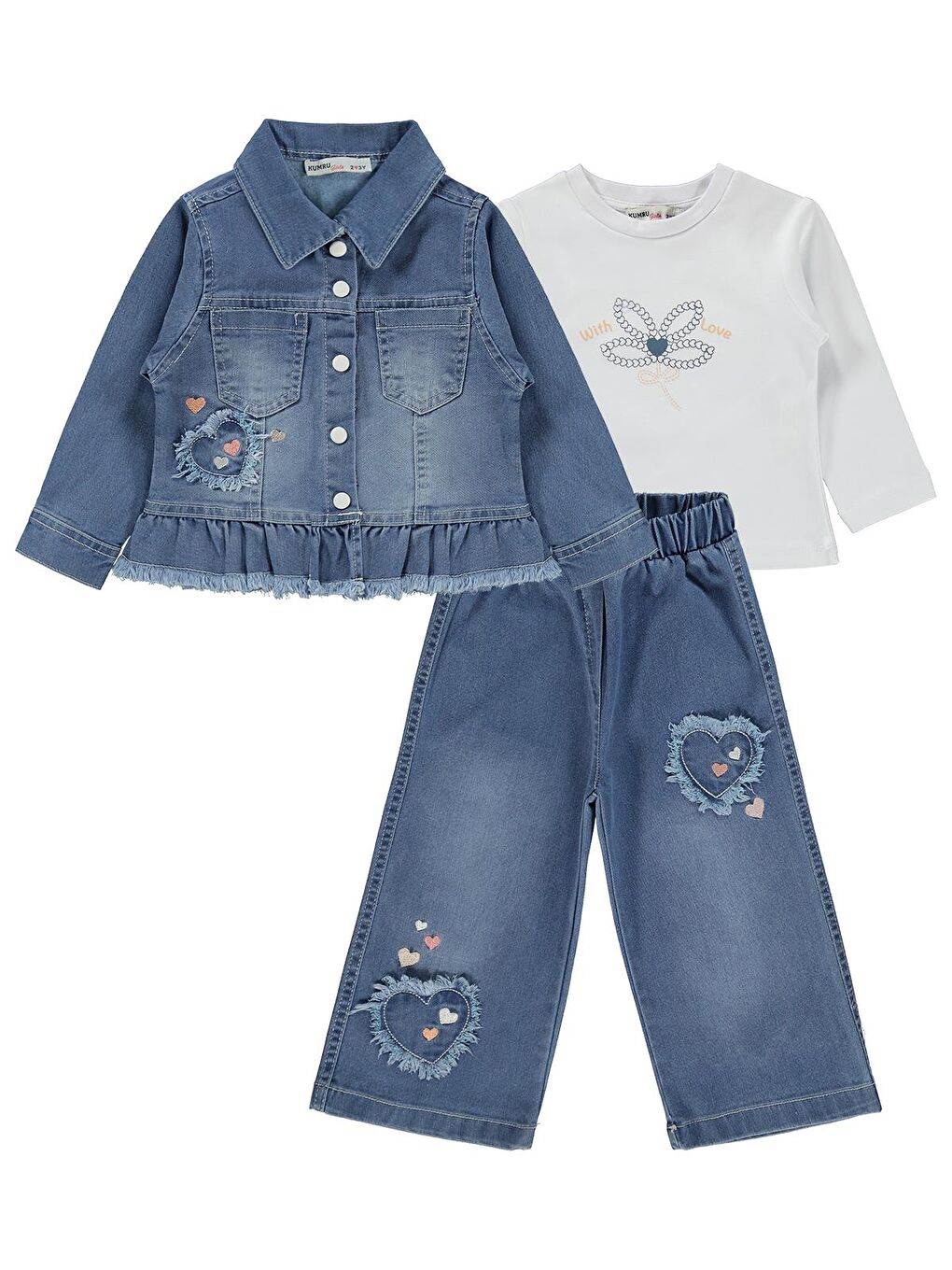 Civil Girls Nakışlı Jean Ceket Pantolon 3 Lü 2-5 Yaş Takım - Mavi 3-4 Yaş-2