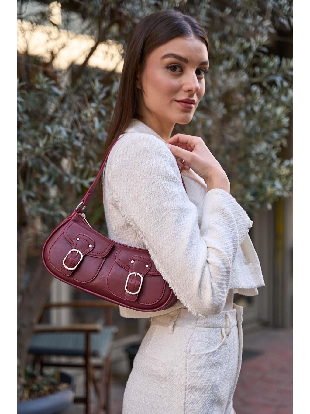 Çift Cepli Kemer Tokalı Omuz Çantası Bordo-3