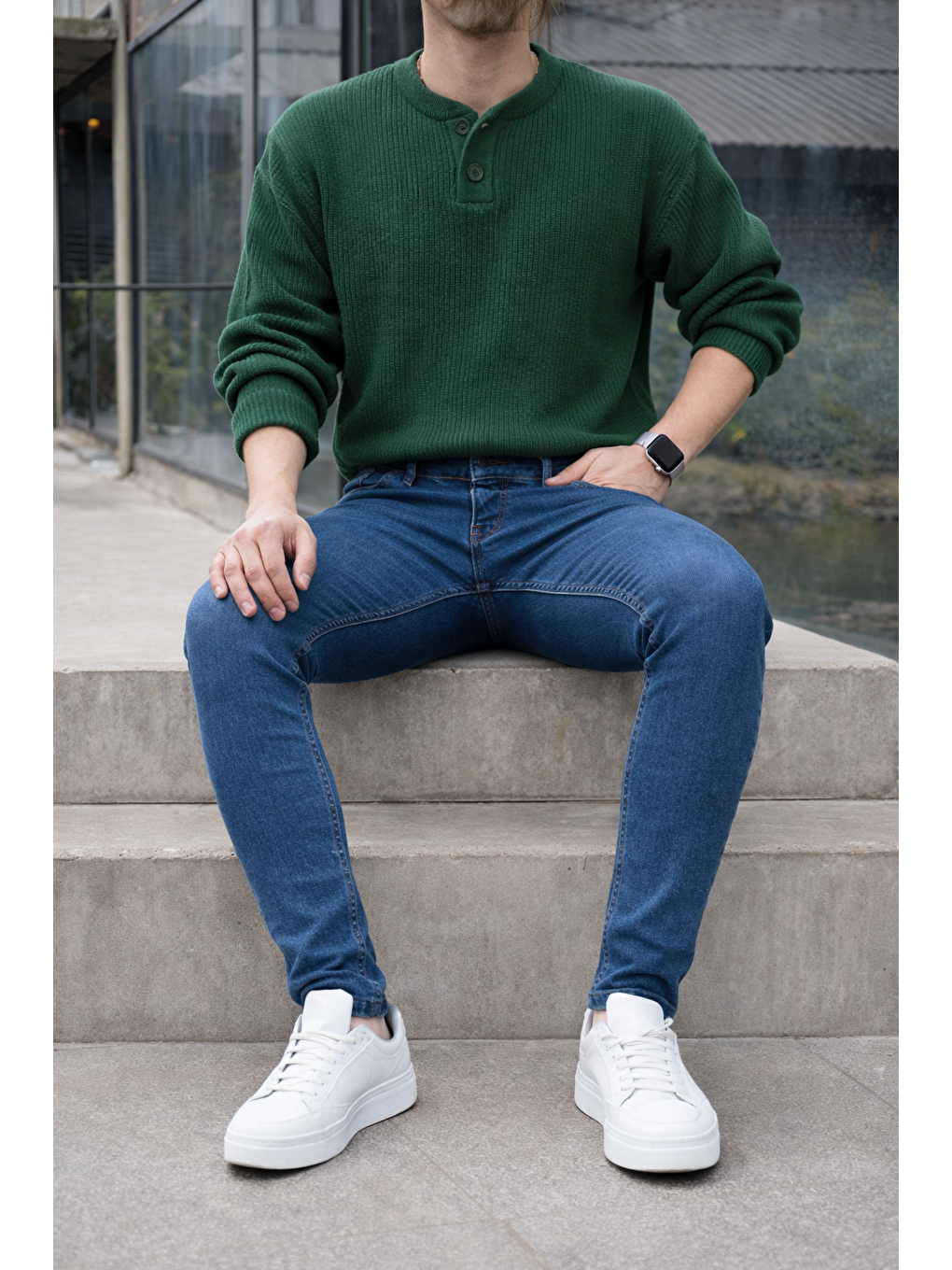 Erkek Pamuklu Basic Yüksek Bel Dar K.Mavi Jean Pantolon-3