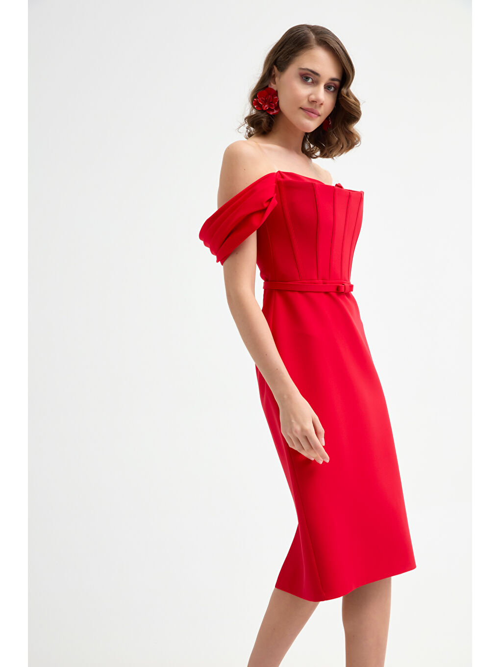 Kadın Kırmızı Korse Detaylı Midi Kalem Abiye Elbise-1