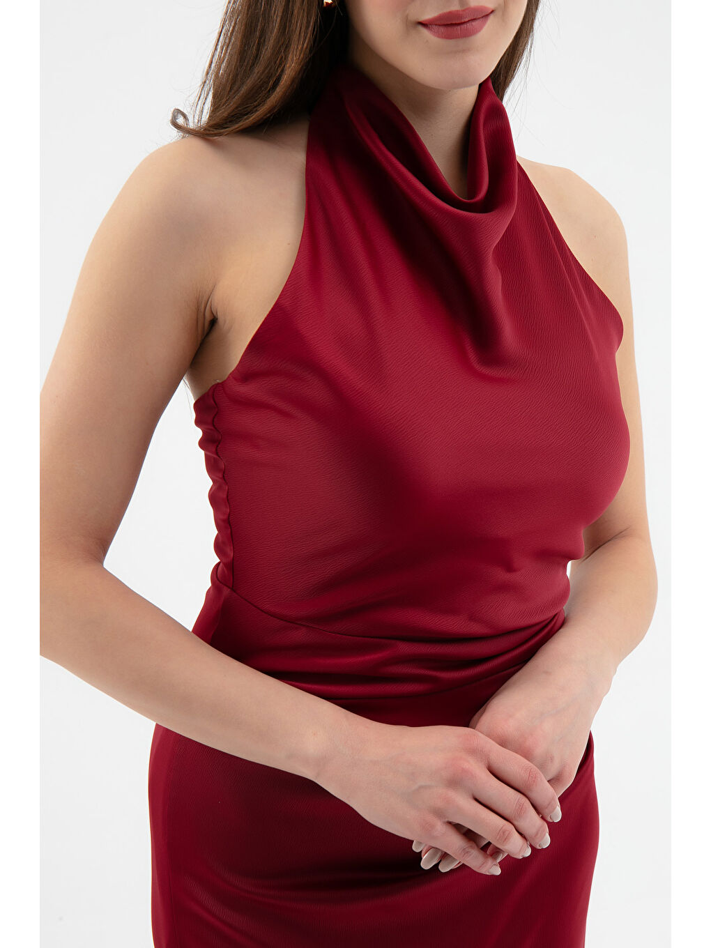 Kadın Bordo Sırt Dekolteli Uzun Saten Abiye Elbise-3