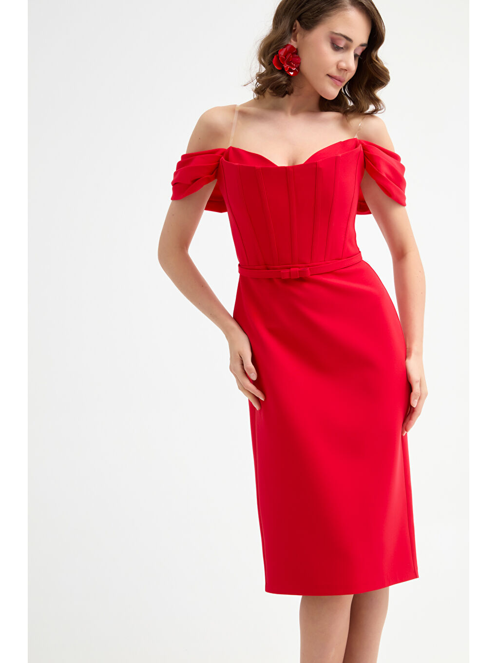 Kadın Kırmızı Korse Detaylı Midi Kalem Abiye Elbise-2