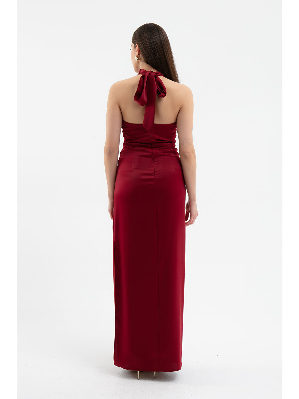 Kadın Bordo Sırt Dekolteli Uzun Saten Abiye Elbise-4