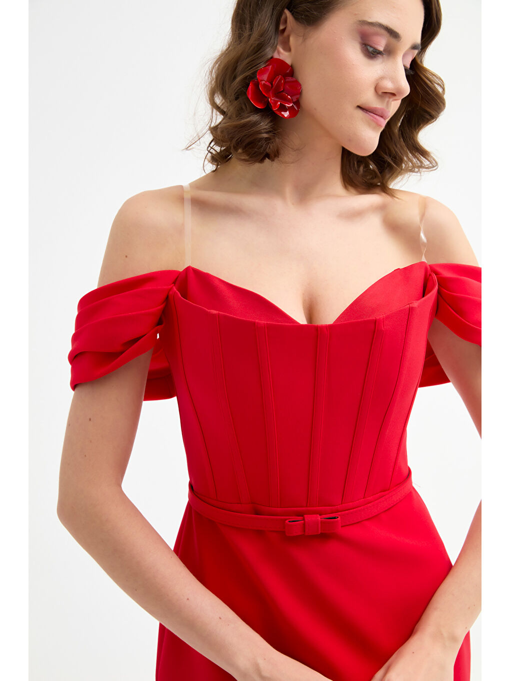 Kadın Kırmızı Korse Detaylı Midi Kalem Abiye Elbise-3