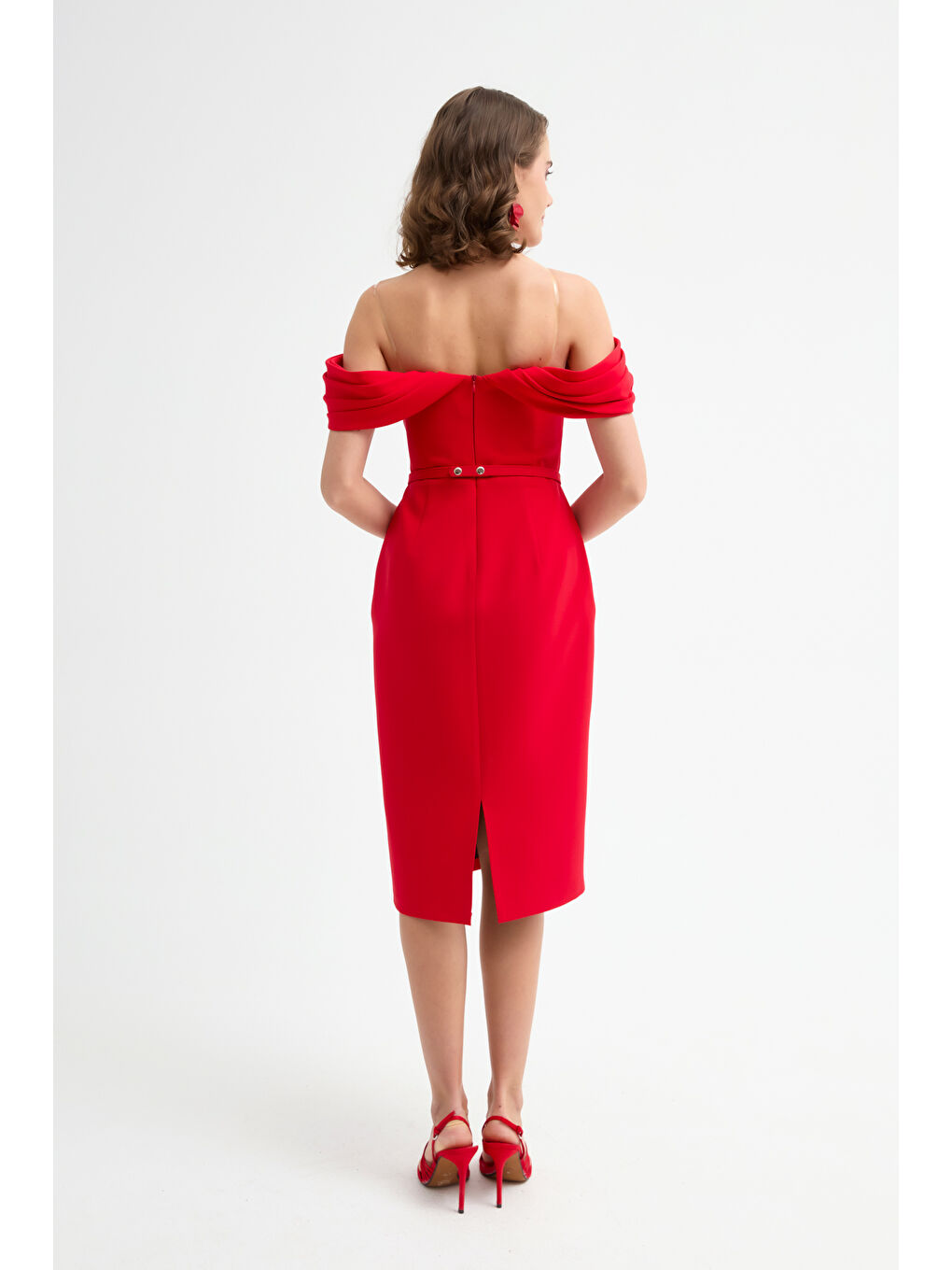 Kadın Kırmızı Korse Detaylı Midi Kalem Abiye Elbise-4