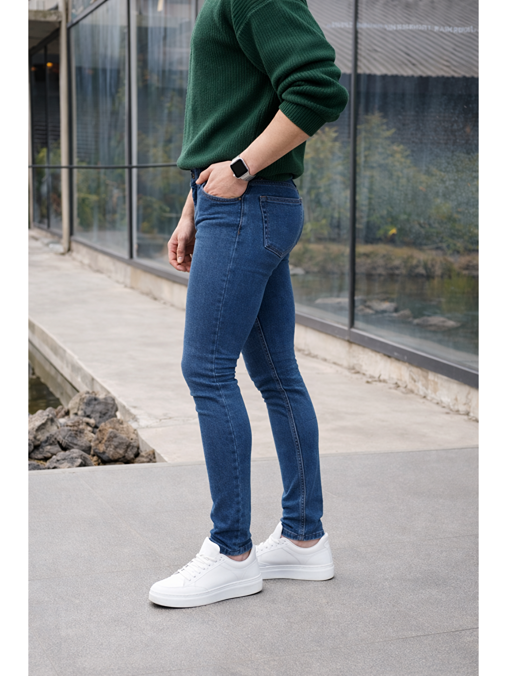 Erkek Pamuklu Basic Yüksek Bel Dar K.Mavi Jean Pantolon-4