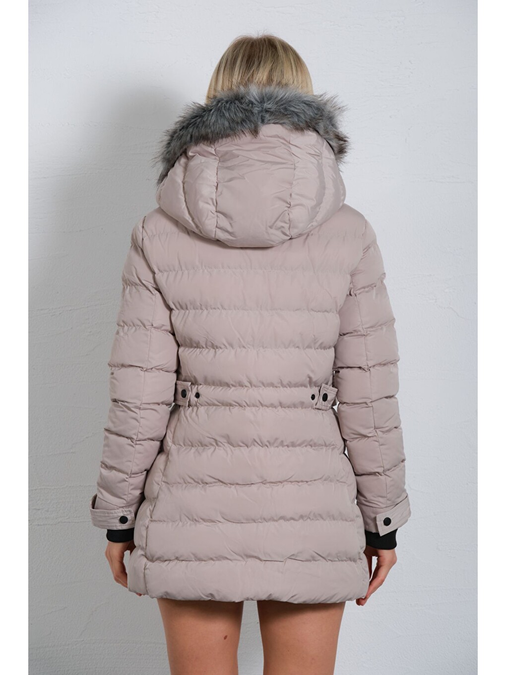 Bej Çıkabilir Suni Kürklü Kapüşon, Su İticili Kumaş, Kadın Anorak Mikro Mont Kaban @jasmin-4