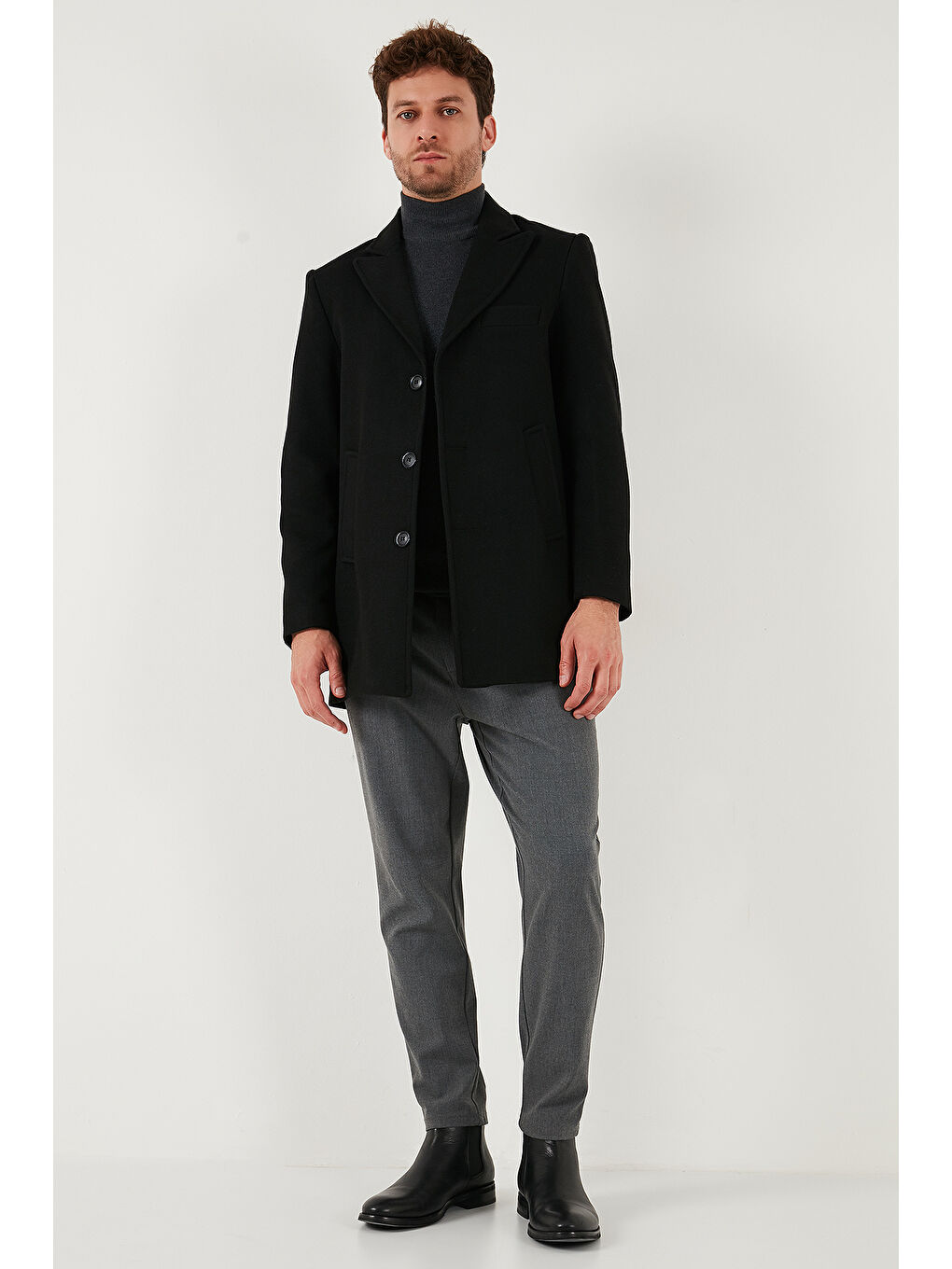 Siyah Slim Fit Apaş Yaka Astarlı Kaşe Kaban 584K1217-1