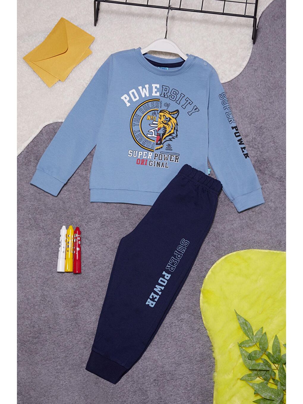 Mavi Kaplan Baskılı Kolları Yazılı Erkek Bebek Takım 14998