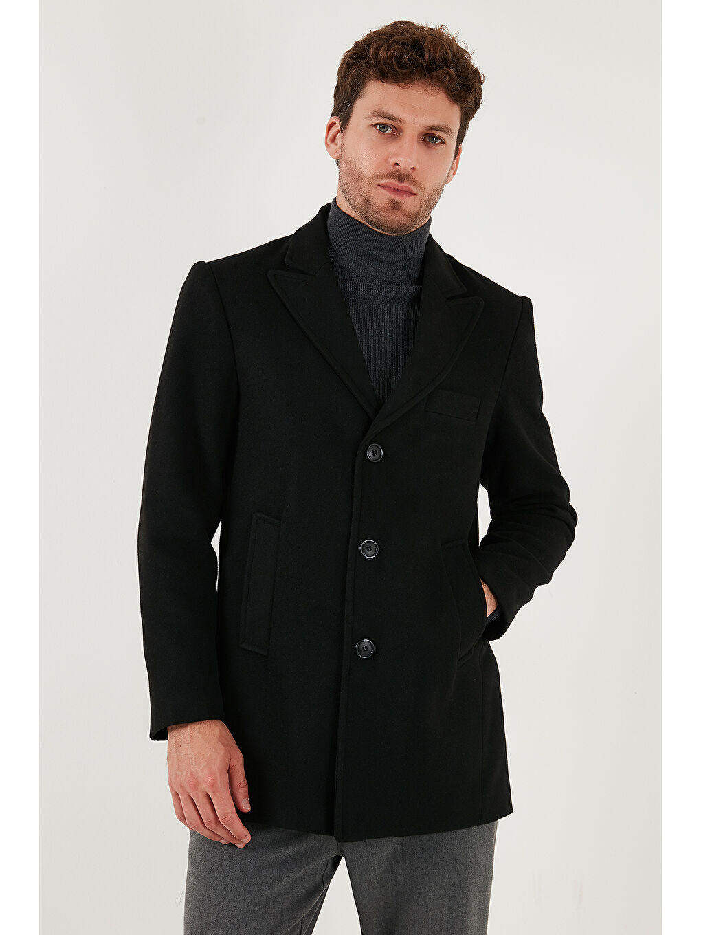 Siyah Slim Fit Apaş Yaka Astarlı Kaşe Kaban 584K1217-2