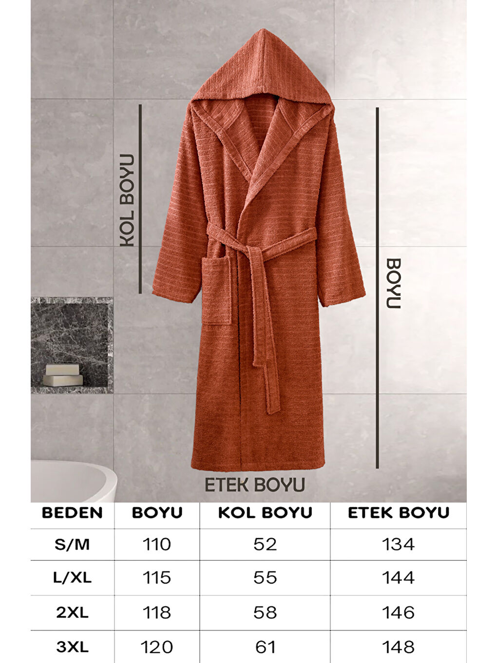 Kahverengi Kapüşonlu Bornoz Doğa Kiremit S/M-2