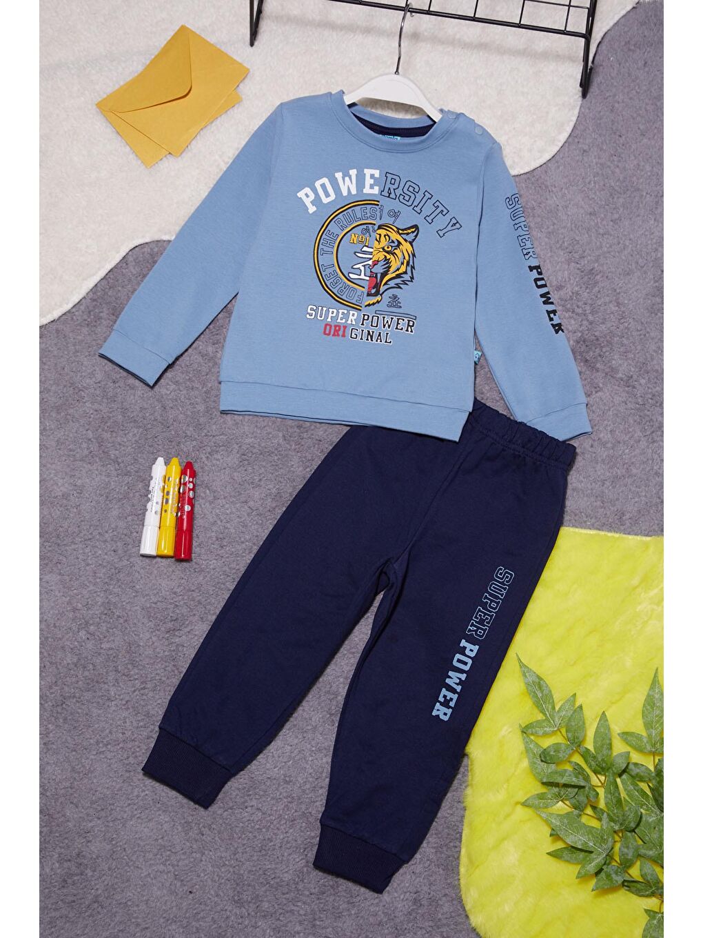 Mavi Kaplan Baskılı Kolları Yazılı Erkek Bebek Takım 14998-1