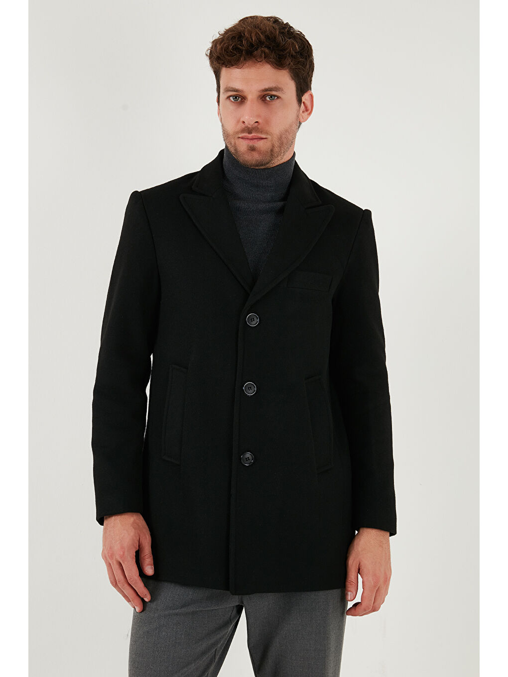 Siyah Slim Fit Apaş Yaka Astarlı Kaşe Kaban 584K1217-3