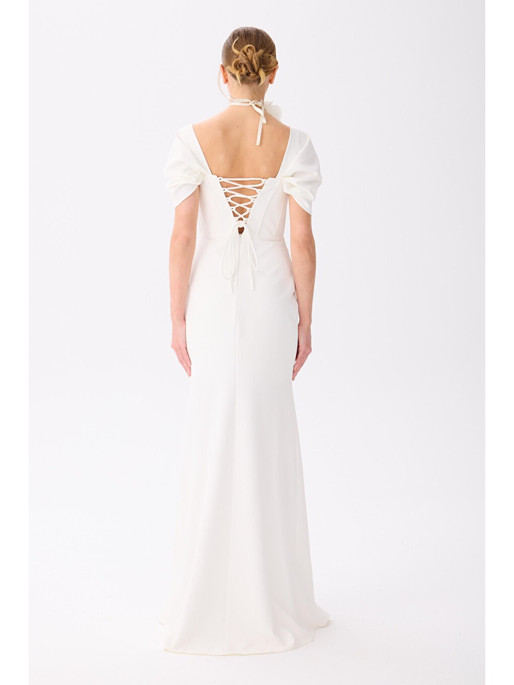 Beyaz Sırtı Bağlamalı Krep Nikah Elbisesi-5