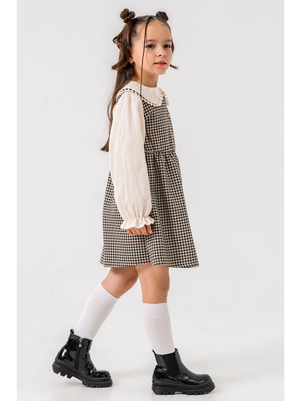 Kız Çocuk Siyah Ekose Yaka Detaylı Düğmeli 3-7 Yaş Elbise 3718-2-4