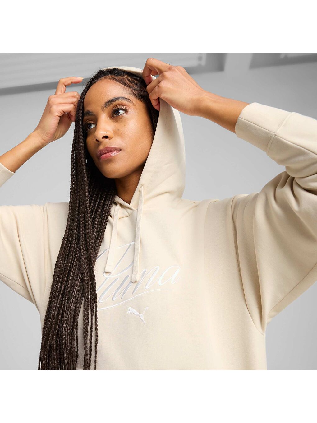 Beyaz ESS SCRIPT Comfort Kadın Kapüşonlu SWEATSHIRT-3