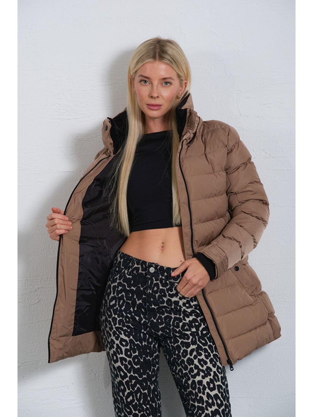 Bej Çıkabilir Suni Kürklü Kapüşon, Su İticili Kumaş, Kadın Anorak Mikro Mont Kaban @jasmin-6
