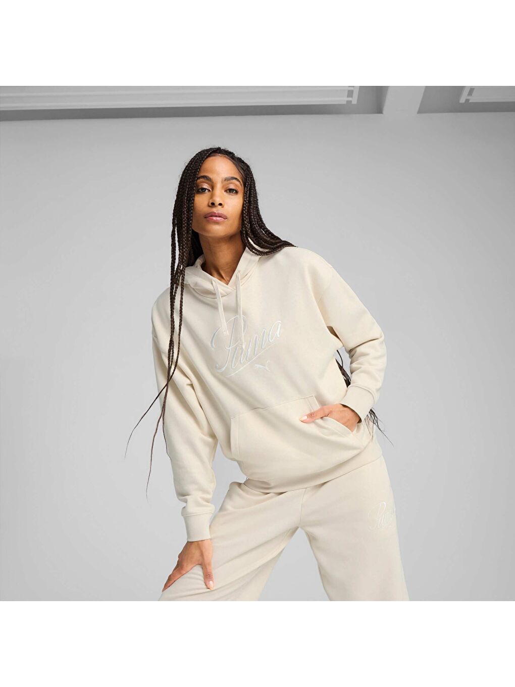 Beyaz ESS SCRIPT Comfort Kadın Kapüşonlu SWEATSHIRT-6