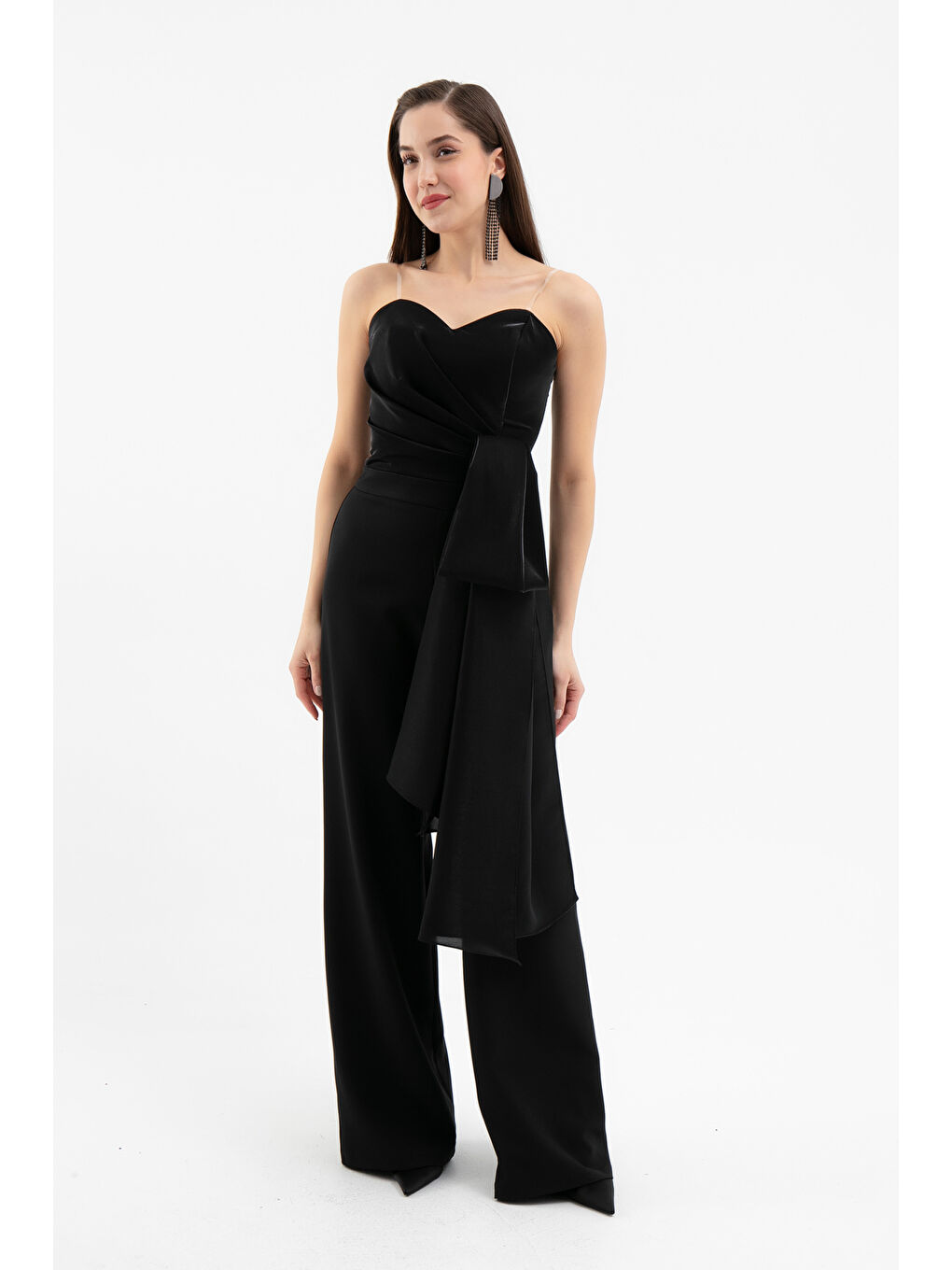 Kadın Siyah Straplez Yaka Kuyruklu Uzun Abiye Tulum-1