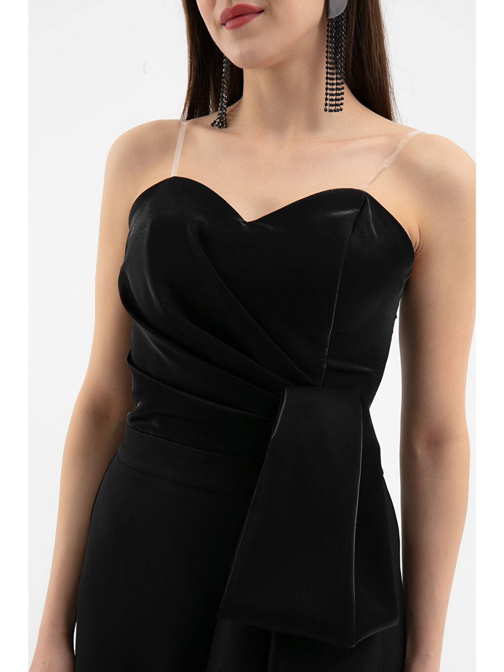 Kadın Siyah Straplez Yaka Kuyruklu Uzun Abiye Tulum-3