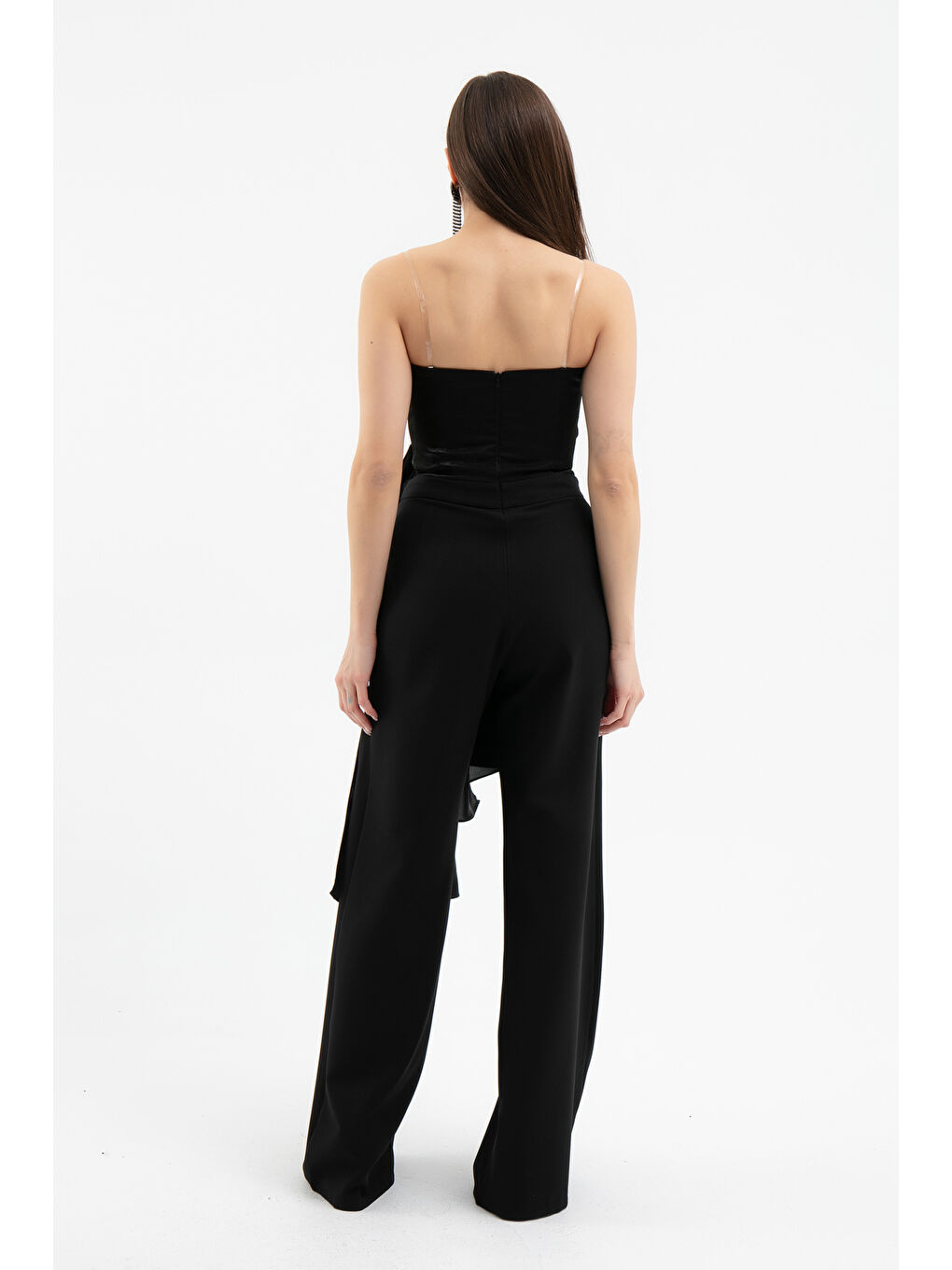 Kadın Siyah Straplez Yaka Kuyruklu Uzun Abiye Tulum-4