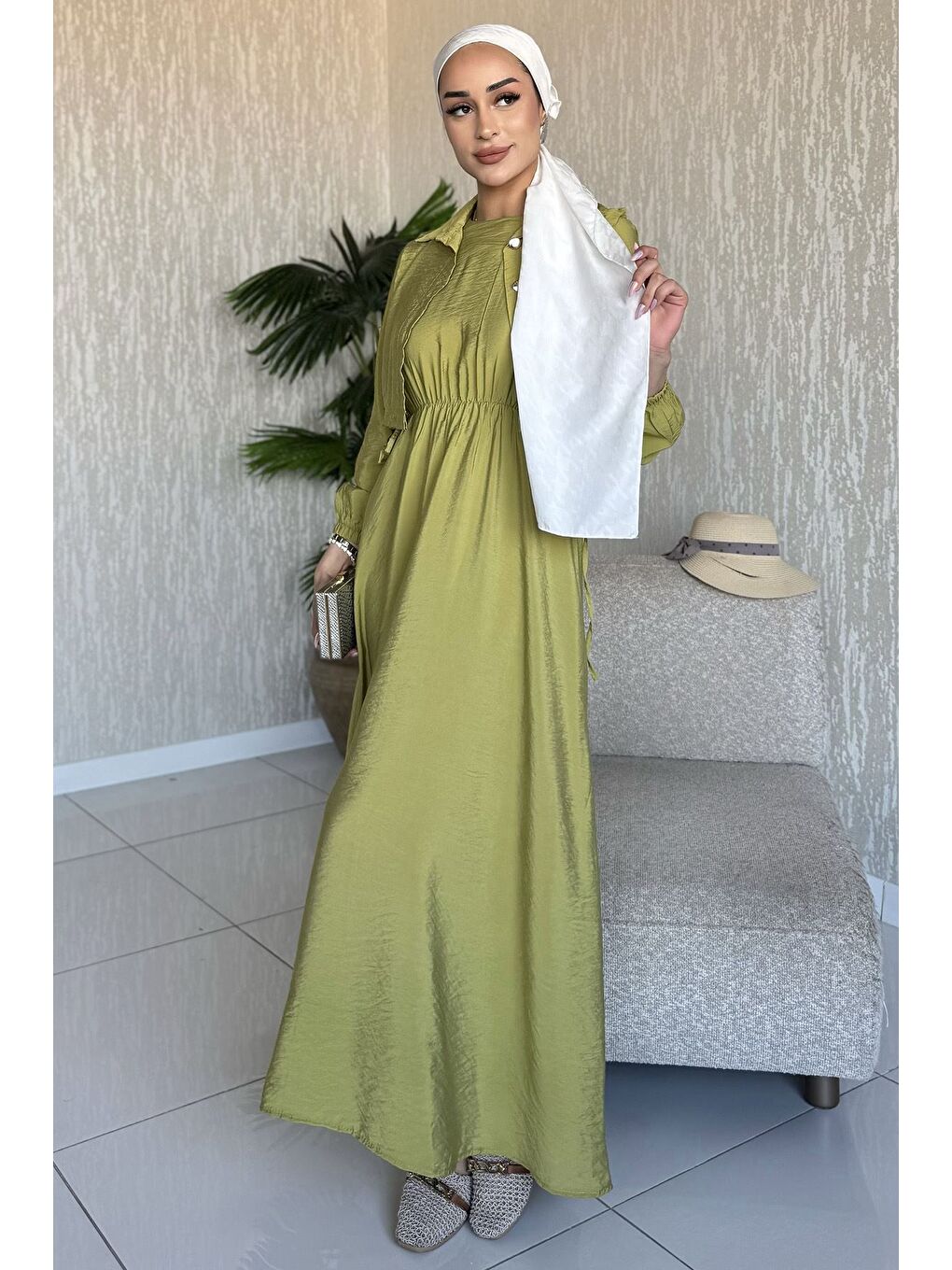 Yeşil Yan Bağlamalı Bluz Kombinli Tesettür Elbise-2