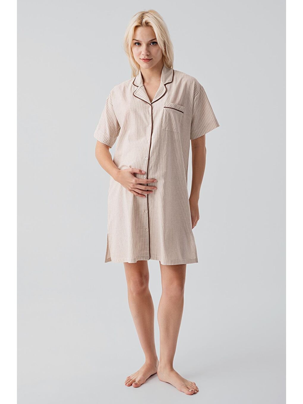 Bej Kısa Kollu Çizgili Düğmeli Dokuma %100 Pamuk Pamuk Gecelik 19108-1