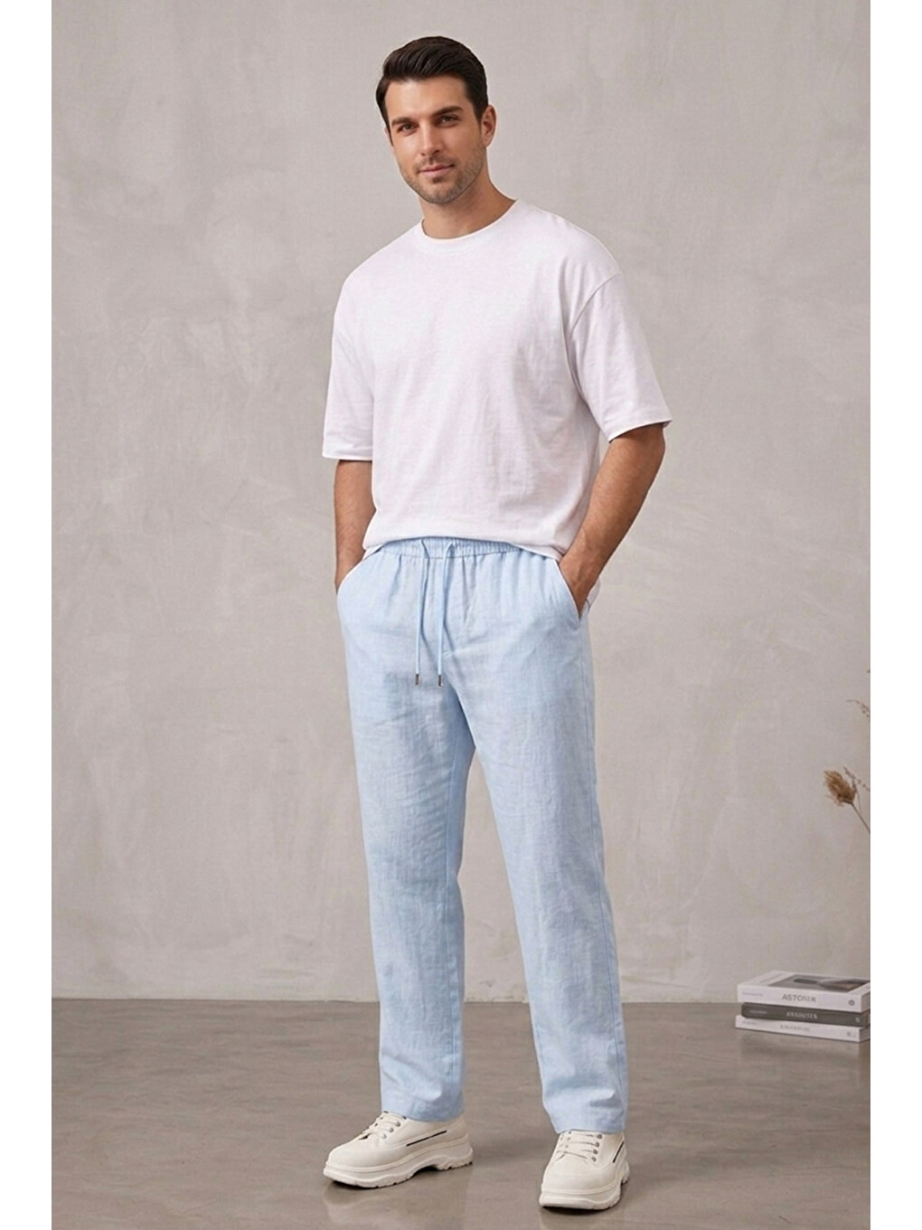 Erkek Rahat Keten Pantolon 30118 - Mavi-1