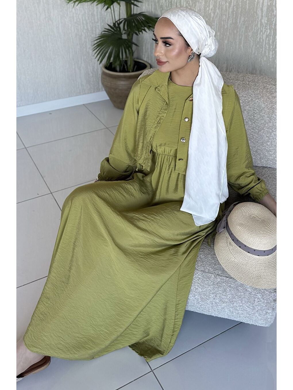 Yeşil Yan Bağlamalı Bluz Kombinli Tesettür Elbise-4
