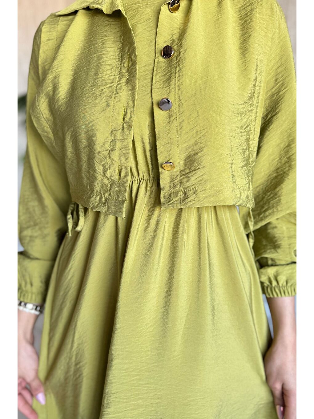 Yeşil Yan Bağlamalı Bluz Kombinli Tesettür Elbise-7