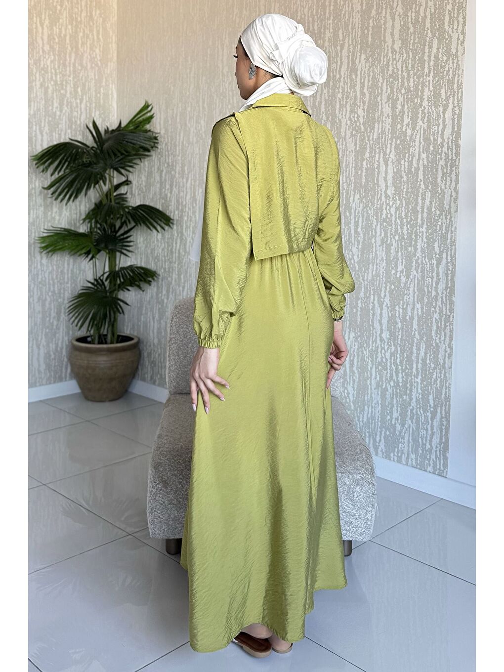 Yeşil Yan Bağlamalı Bluz Kombinli Tesettür Elbise-8