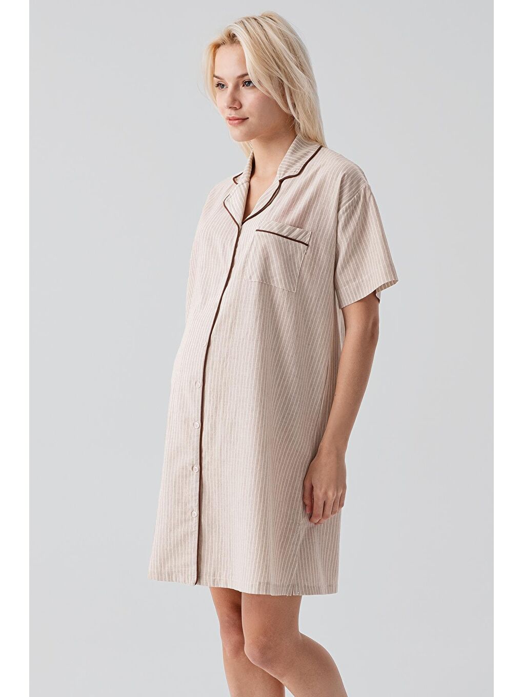 Bej Kısa Kollu Çizgili Düğmeli Dokuma %100 Pamuk Pamuk Gecelik 19108-3