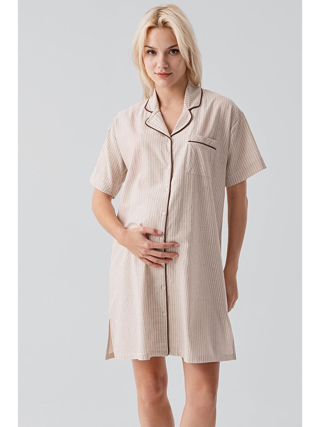 Bej Kısa Kollu Çizgili Düğmeli Dokuma %100 Pamuk Pamuk Gecelik 19108-4