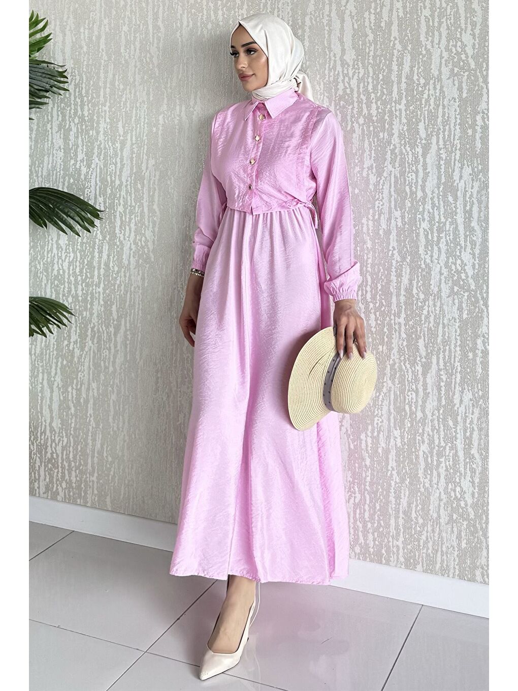 Pembe Yan Bağlamalı Bluz Kombinli Tesettür Elbise