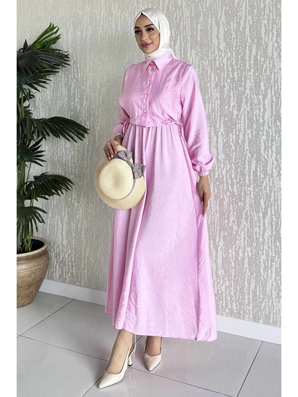 Pembe Yan Bağlamalı Bluz Kombinli Tesettür Elbise-3